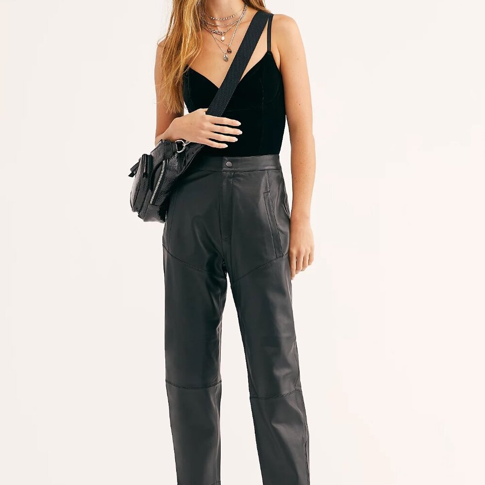 Free People (Neon Blonde) ‘Nadia’ High-Rise Genuine Lamb Leather Pants Size 28 - Picture 12 of 13